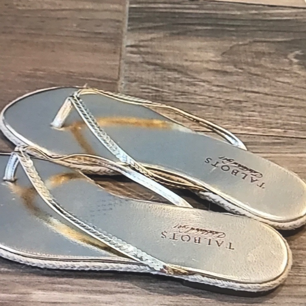 Talbots gold sequined jute flip flop sandals sides